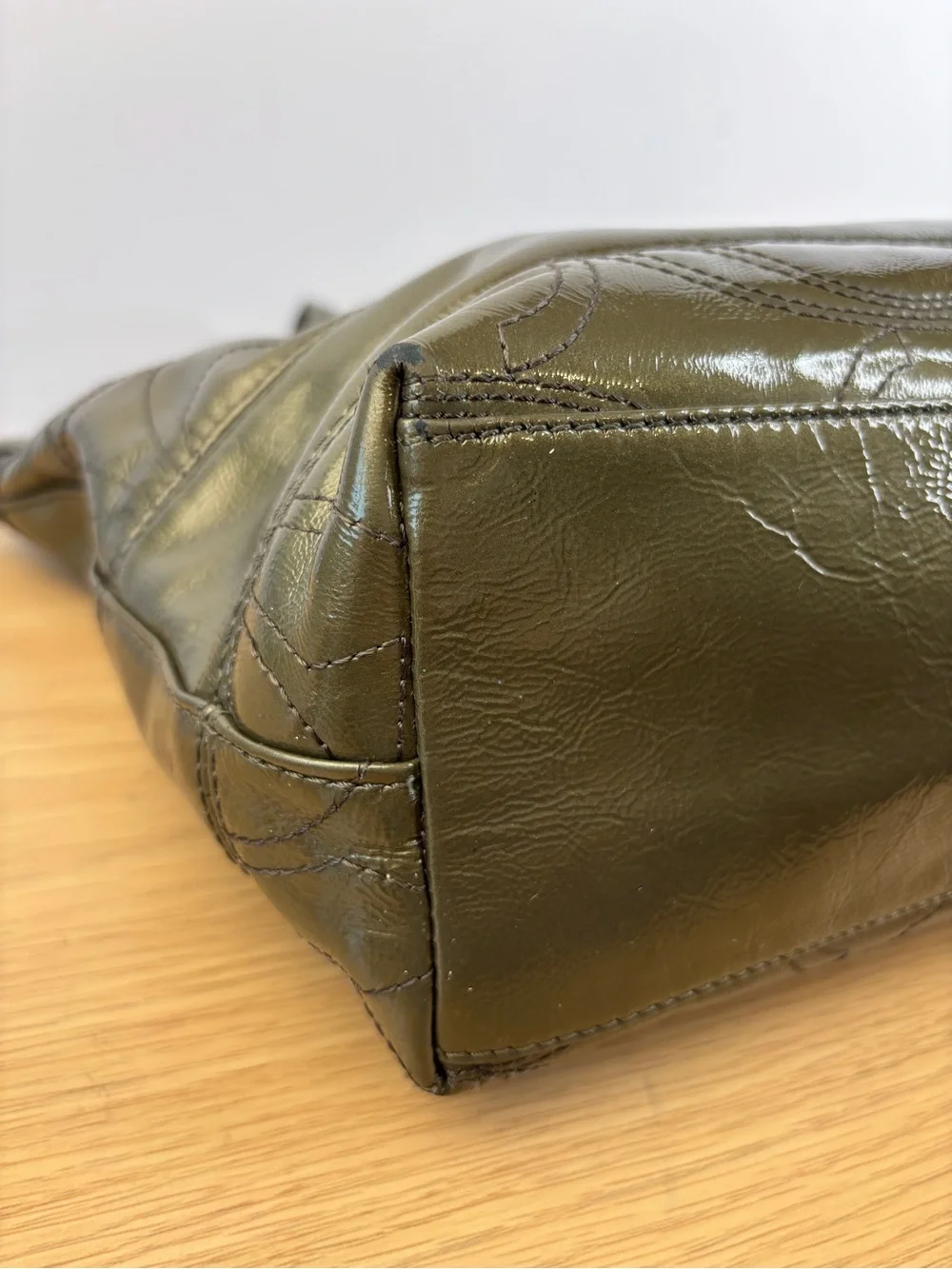 Coach‎ Signature Stripe Stitched Patent Leather Tote Olive Green 15142